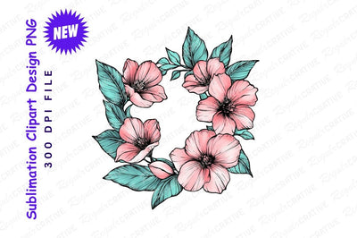 Floral Wreath Illustration With Pink Flowers And Teal Leaves Botanical Design Element Sublimation Regulrcrative 