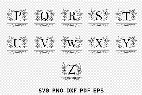 Floral wreath split monogram alphabet letters font family name sign svg design SVG D2PUTRI Designs 