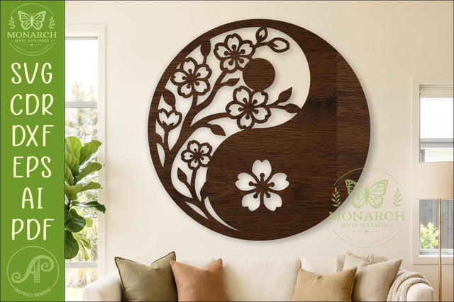 Floral Yin Yang SVG Cherry Blossom Wall Art Laser Cut Nature Decor Design File SVG APInspireddesigns 