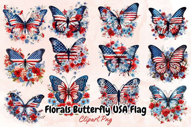 Florals Butterfly USA Flag Sublimation Clipart Bundle Sublimation Designangry 