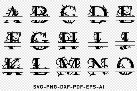 Flourish Split Monogram Letters Set SVG Designs Bundle, Split Alphabet Family Name Sign, Wedding Split Font SVG Cut Files SVG D2PUTRI Designs 