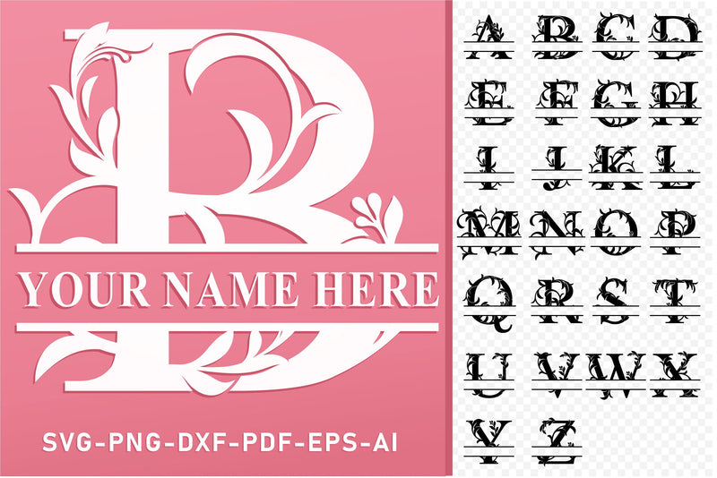 Flourish Split Monogram Letters Set SVG Designs Bundle, Split Alphabet Family Name Sign, Wedding Split Font SVG Cut Files SVG D2PUTRI Designs 