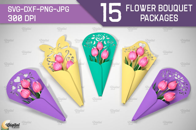 Flower bouquet package bundle. Flower wrap paper cut SVG 3D Paper Evgenyia Guschina 