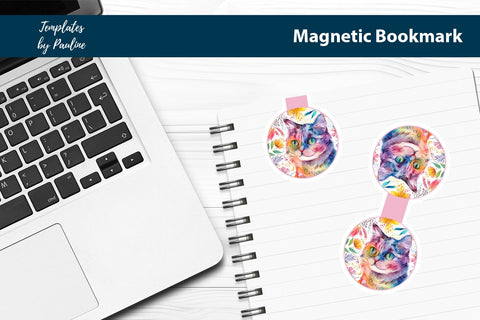 Flower Cat Printable Round Magnetic Bookmark SVG Templates by Pauline 