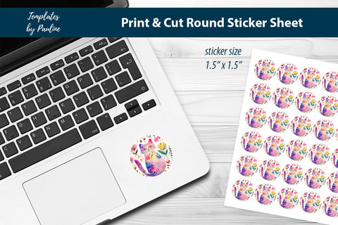 Flower Cat Round Sticker Sheet, Cute Cat Digital Sticker SVG Templates by Pauline 
