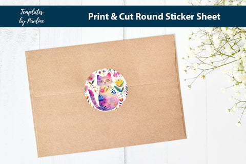 Flower Cat Round Sticker Sheet, Cute Cat Digital Sticker SVG Templates by Pauline 