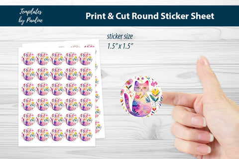 Flower Cat Round Sticker Sheet, Cute Cat Digital Sticker SVG Templates by Pauline 
