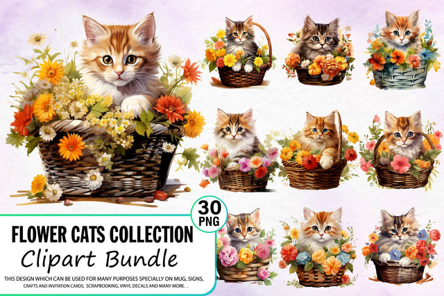 Flower Cats Watercolor Clipart Bundle Sublimation Regulrcrative 