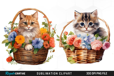 Flower Cats Watercolor Clipart Bundle Sublimation Regulrcrative 