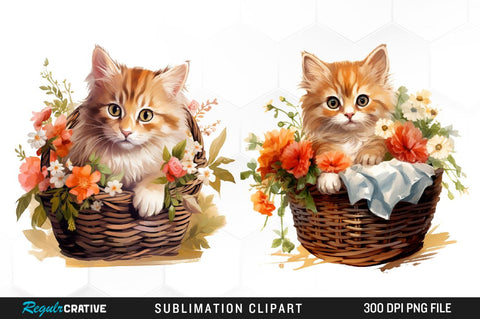 Flower Cats Watercolor Clipart Bundle Sublimation Regulrcrative 