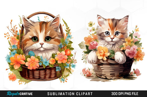 Flower Cats Watercolor Clipart Bundle Sublimation Regulrcrative 