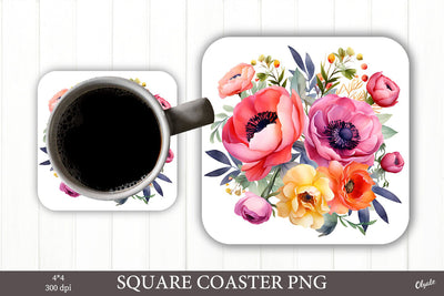 Flower Coaster PNG. Floral Sublimation PNG. Square Coaster PNG Sublimation Olga Terlyanskaya 