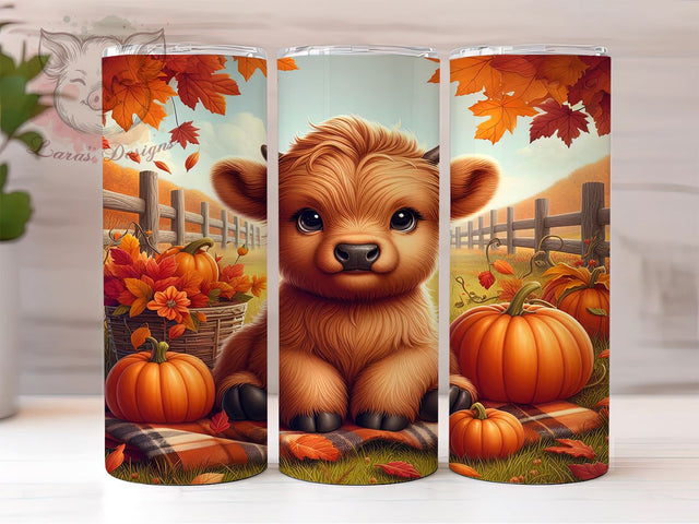 Flower Fall Highland Cow 20 oz Skinny Tumbler Sublimation Design, Straight & Tapered Tumbler Png, Highland Cow Tumbler Png, Digital Download PNG Sublimation Lara' s Designs 