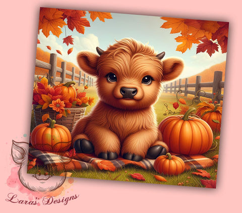 Flower Fall Highland Cow 20 oz Skinny Tumbler Sublimation Design, Straight & Tapered Tumbler Png, Highland Cow Tumbler Png, Digital Download PNG Sublimation Lara' s Designs 