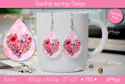 Flower Heart Valentine Earrings – Teardrop Sublimation PNG Design Sublimation Createya Design 