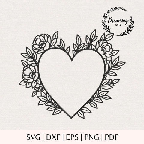 Flower Heart Wreath SVG - Peony Floral Bouquet Cut File for Cricut - Botanical Valentine & Mother's Day Craft Vector SVG DreamingSVG 