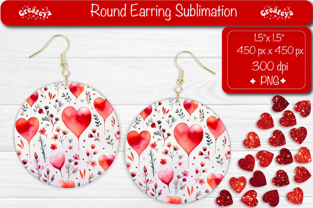 Flower Hearts Valentine Earrings – Round Sublimation Designs Sublimation Createya Design 