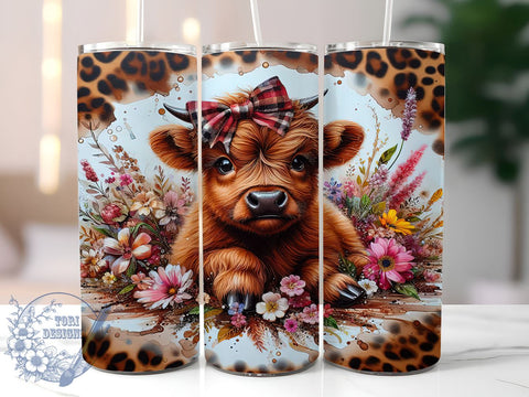 Flower Highland Cow 20oz Skinny Tumbler PNG, Highland Cow Tumbler Sublimation Wrap, Straight & Tapered Tumbler Wrap, Instant Digital Download Sublimation ToriDesigns 