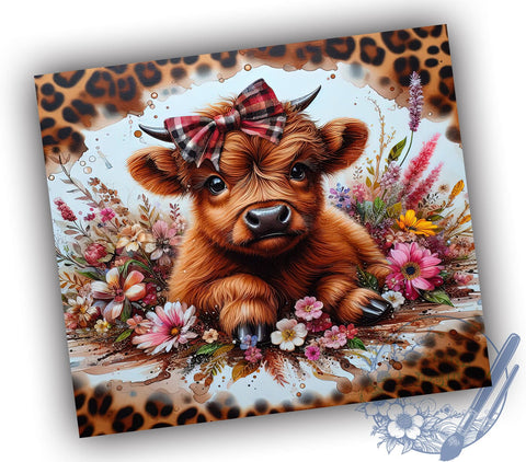Flower Highland Cow 20oz Skinny Tumbler PNG, Highland Cow Tumbler Sublimation Wrap, Straight & Tapered Tumbler Wrap, Instant Digital Download Sublimation ToriDesigns 