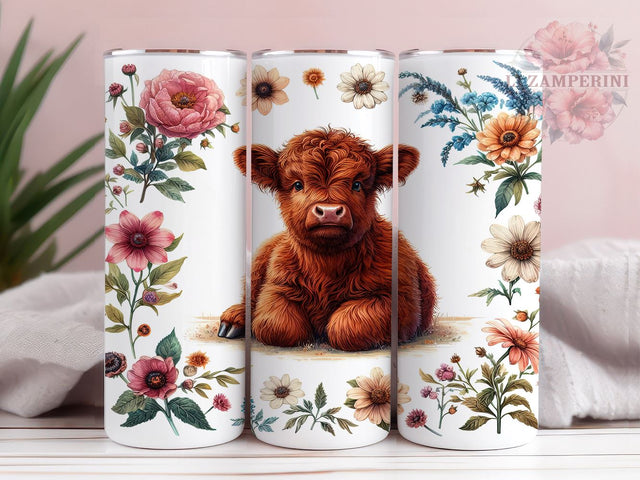 Flower Highland Cow 20oz Tumbler Wrap PNG, Highland Cow Tumbler Png, Straight & Tapered Tumbler Wrap, Instant Digital Download Sublimation Li Zamperini 