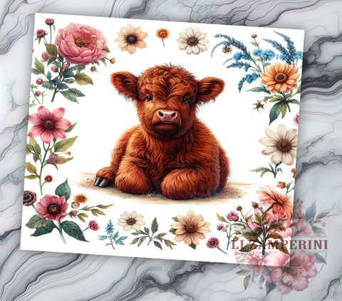 Flower Highland Cow 20oz Tumbler Wrap PNG, Highland Cow Tumbler Png, Straight & Tapered Tumbler Wrap, Instant Digital Download Sublimation Li Zamperini 