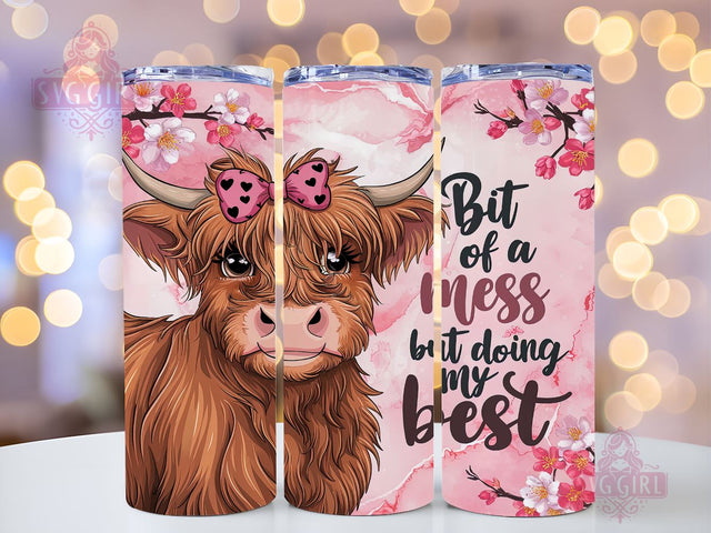 Flower Highland Cow 20oz Tumbler Wrap Sublimation Design, Straight Tapered Tumbler Wrap, Bit Of A Mess But Doin My Best Tumbler Png, Instant Digital Download Sublimation SvggirlplusArt 