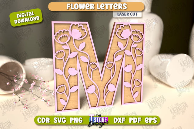 Flower Letters | Alphabet | Floral Design | 3D Decorative Letters | CNC File SVG The T Store Design 