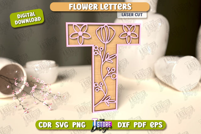 Flower Letters | Alphabet | Floral Design | 3D Decorative Letters | CNC File SVG The T Store Design 