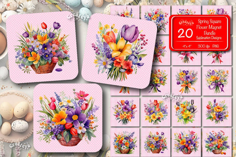 Flower magnet bundle Spring Magnet sublimation bundle Easter fridge magnets Dishwasher magnet Square Magnet png Magnet bundle Sublimation Createya Design 