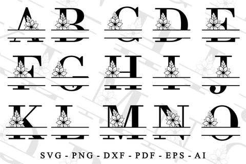 Flower Monogram Split Letters SVG Cut Files Designs, Family Name Sign SVG, Split Font SVG, Monogram Split Alphabet Set A-Z SVG D2PUTRI Designs 