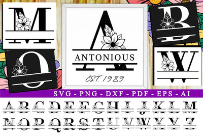 Flower Monogram Split Letters SVG Cut Files Designs, Family Name Sign SVG, Split Font SVG, Monogram Split Alphabet Set A-Z SVG D2PUTRI Designs 