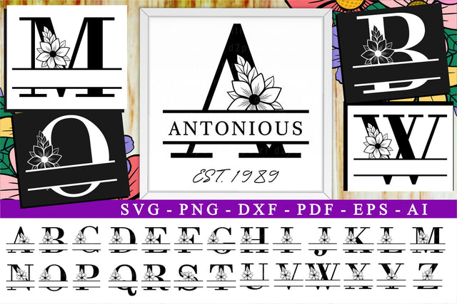 Flower Monogram Split Letters SVG Cut Files Designs, Family Name Sign SVG, Split Font SVG, Monogram Split Alphabet Set A-Z SVG D2PUTRI Designs 