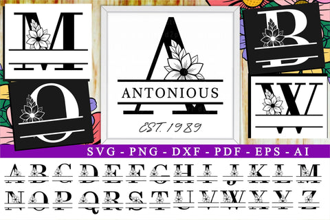 Flower Monogram Split Letters SVG Cut Files Designs, Family Name Sign SVG, Split Font SVG, Monogram Split Alphabet Set A-Z SVG D2PUTRI Designs 