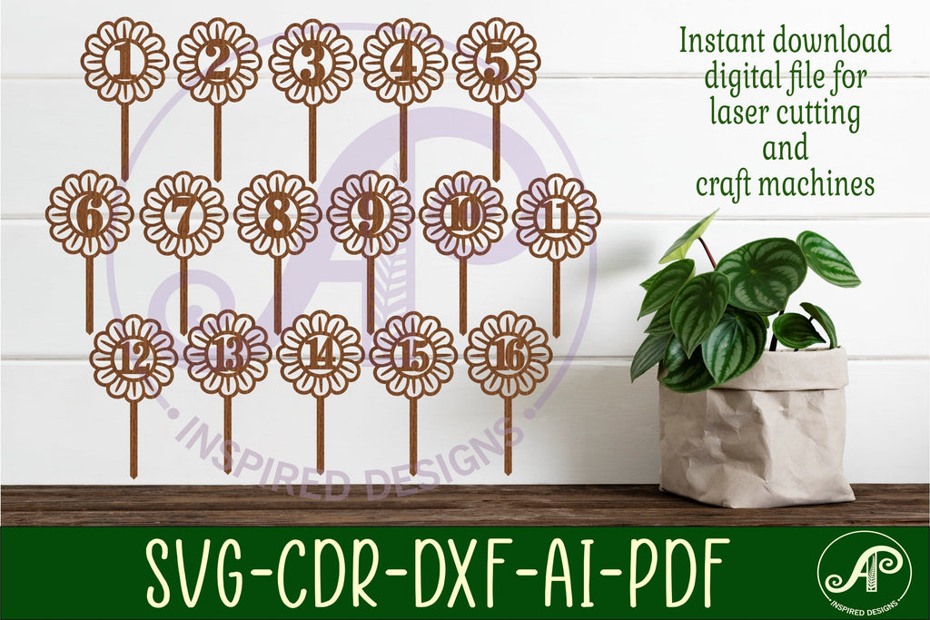 Flower number cake toppers, 16 designs SVG laser cut - So Fontsy