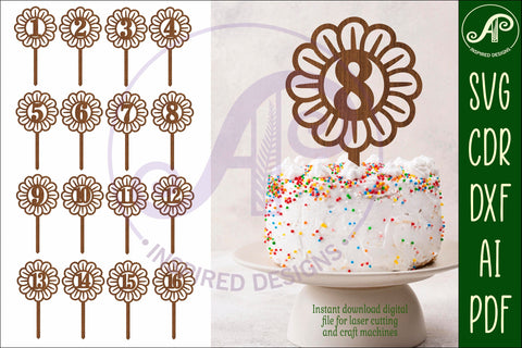 Flower number cake toppers, 16 designs SVG laser cut SVG APInspireddesigns 