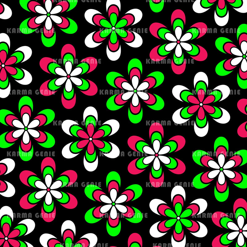 Flower Power Funky Floral Red Green Retro Hippie Pattern Digital Paper Digital Pattern Karma Genie Graphics 