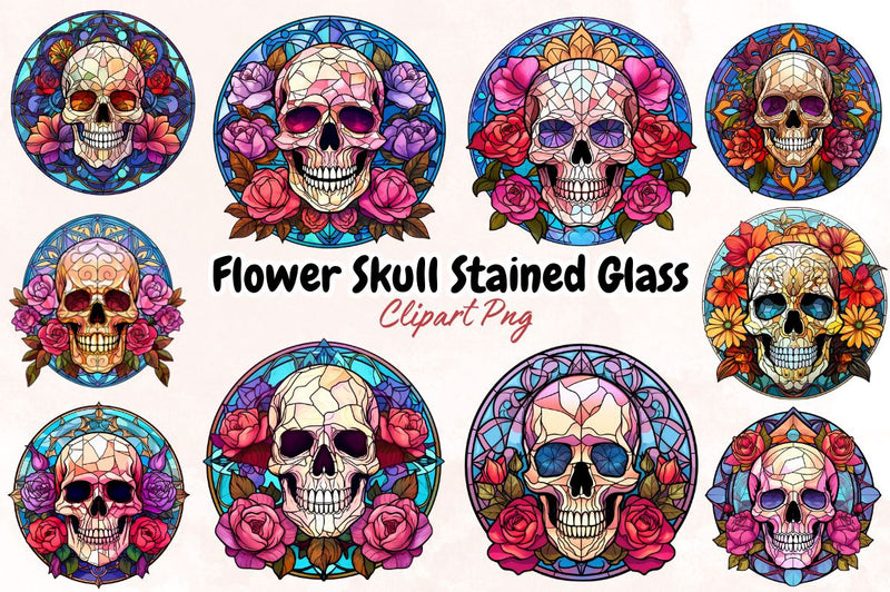 Flower Skull Stained Glass Sublimation Clipart Bundle SVG Designangry 