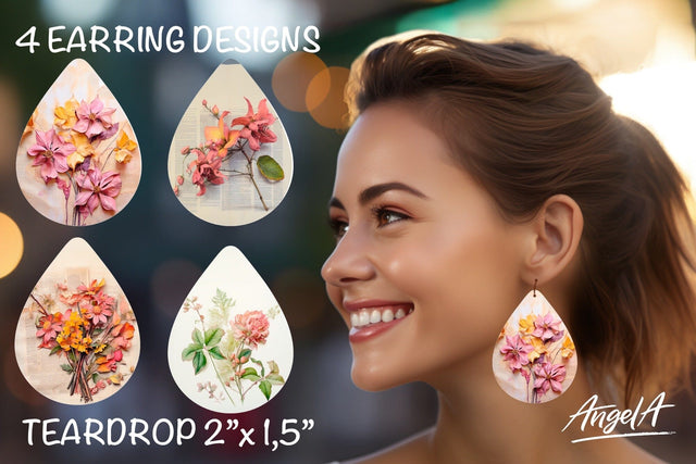 Flower sublimation teardrop earrings / pink flowers PNG Sublimation Angelina Semenova 