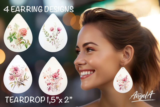 Flower sublimation teardrop earrings / pink wild flowers PNG Sublimation Angelina Semenova 