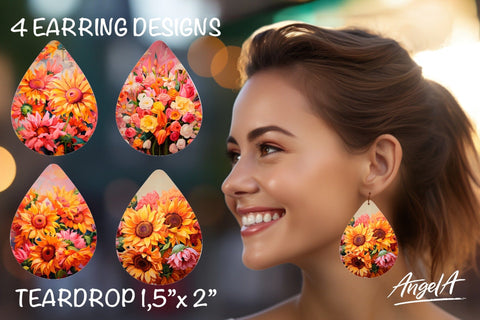 Flower sublimation teardrop earrings / sunflowers oil paint Sublimation Angelina Semenova 