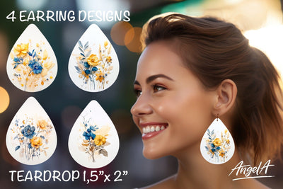 Flower sublimation teardrop earrings / yellow blue flowers Sublimation Angelina Semenova 
