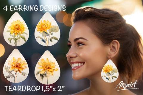 Flower sublimation teardrop earrings / yellow flowers PNG Sublimation Angelina Semenova 
