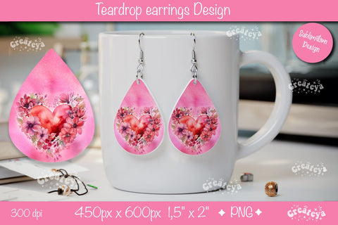 Flower teardrop earrings Valentine earring teardrop sublimation design Heart png Sublimation Createya Design 