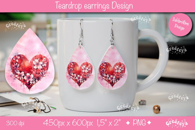Flower teardrop earrings Valentine earring teardrop sublimation design Heart png Sublimation Createya Design 