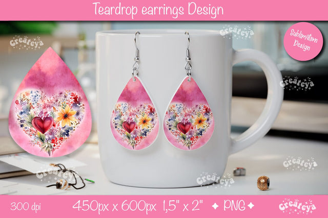 Flower teardrop earrings Valentine earring teardrop sublimation design Heart png Sublimation Createya Design 