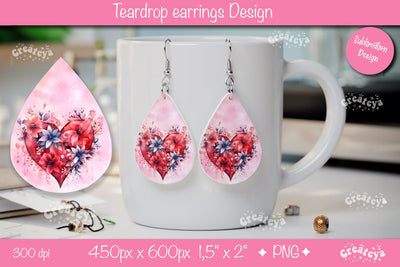 Flower teardrop earrings Valentine earring teardrop sublimation design Heart png Sublimation Createya Design 
