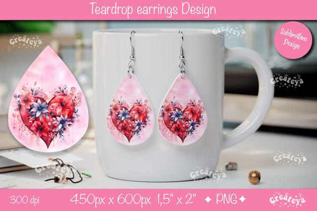 Flower teardrop earrings Valentine earring teardrop sublimation design Heart png Sublimation Createya Design 