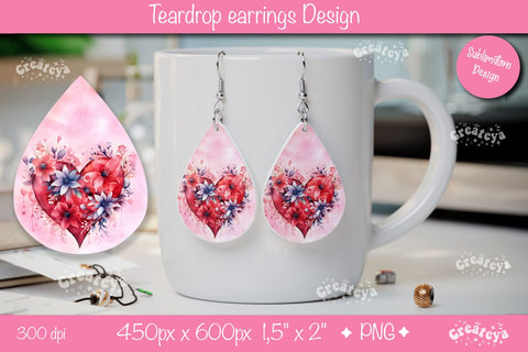 Flower teardrop earrings Valentine earring teardrop sublimation design Heart png Sublimation Createya Design 