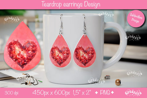 Flower teardrop earrings Valentine earring teardrop sublimation design Heart png Sublimation Createya Design 