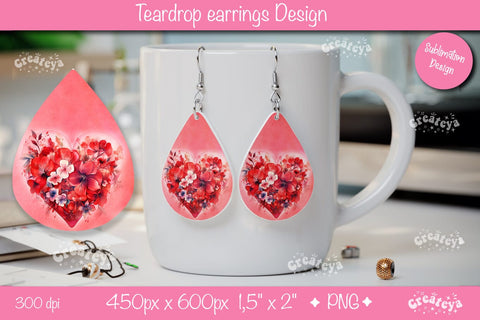 Flower teardrop earrings Valentine earring teardrop sublimation design Heart png Sublimation Createya Design 
